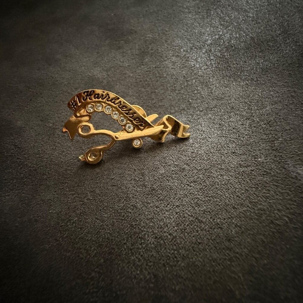 Vintage Gold Hairdresser Brooch Pin With Rhinestones & Scissor Design